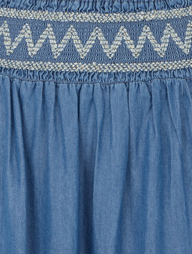 Jupe longue évasée à taille élastiquée fantaisie - Bleu denim