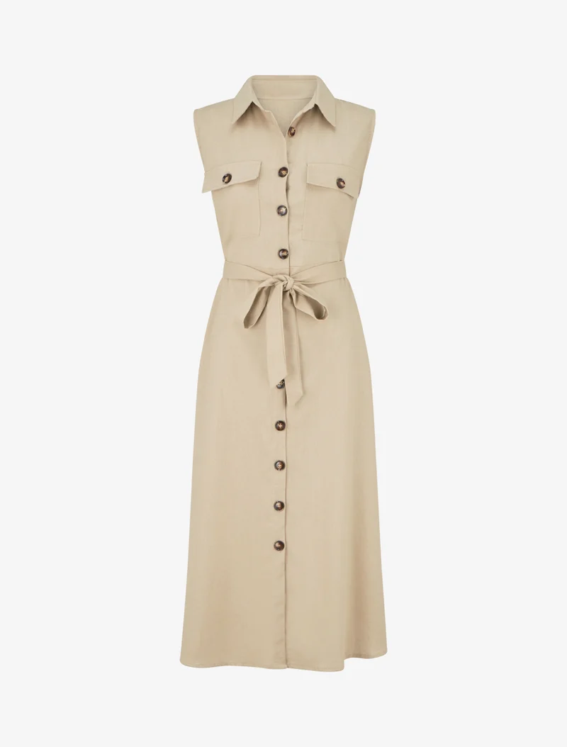 Robe chemise droite sans manches - Beige