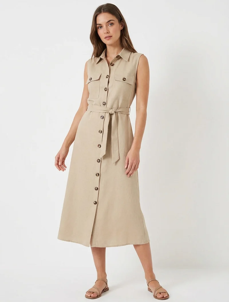 Robe chemise droite sans manches - Beige