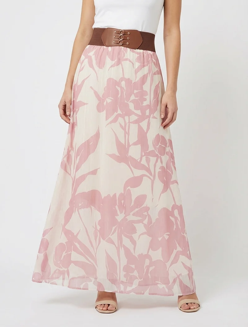 Jupe longue imprimé floral à rayures irisées - Rose