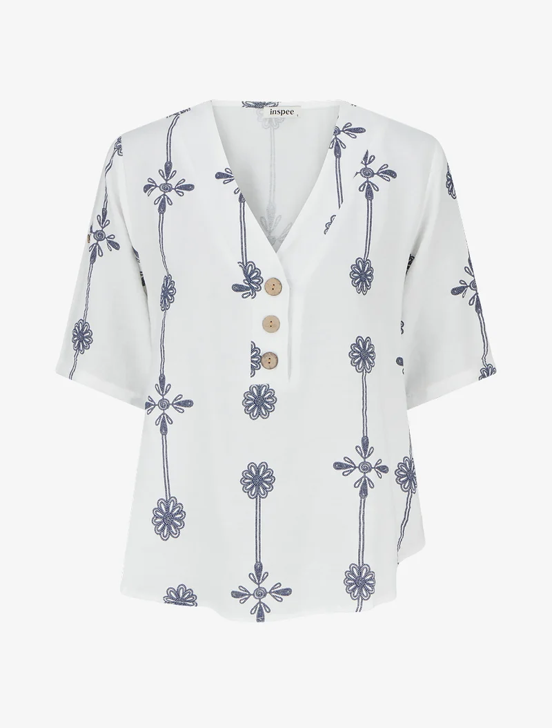 Top ample à manches courtes imprimé floral - Blanc