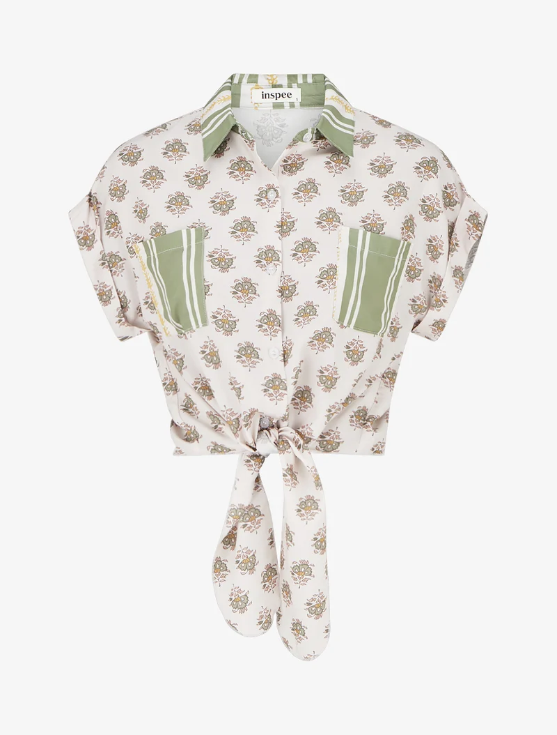 Chemise courte à nouer imprimé floral - Vert olive