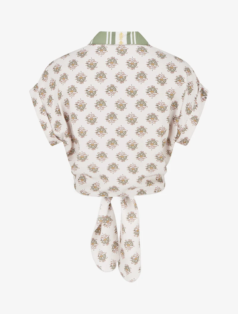 Chemise courte à nouer imprimé floral - Vert olive