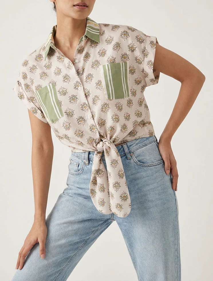 Chemise courte à nouer imprimé floral - Vert olive