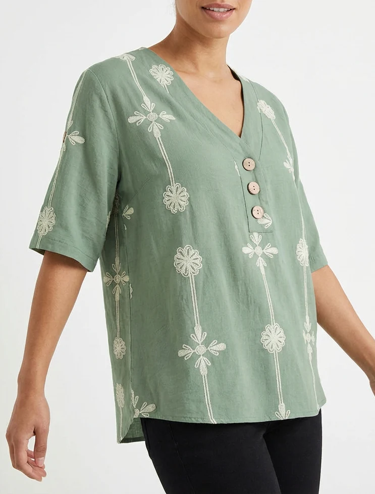 Top ample à manches courtes imprimé floral - Kaki