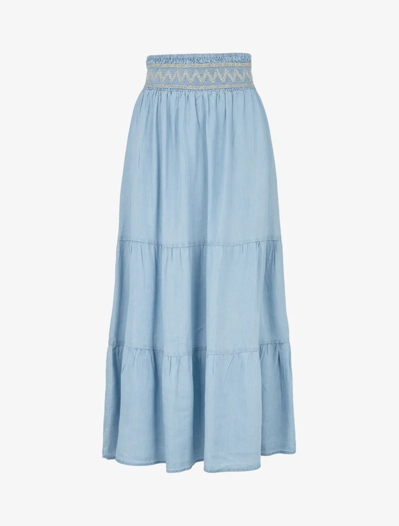 Jupe longue évasée à taille élastiquée fantaisie - Bleu clair
