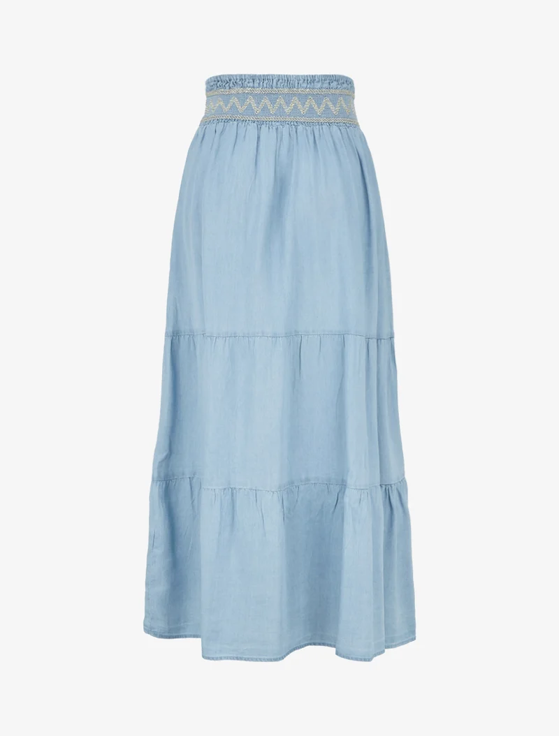 Jupe longue évasée à taille élastiquée fantaisie - Bleu clair