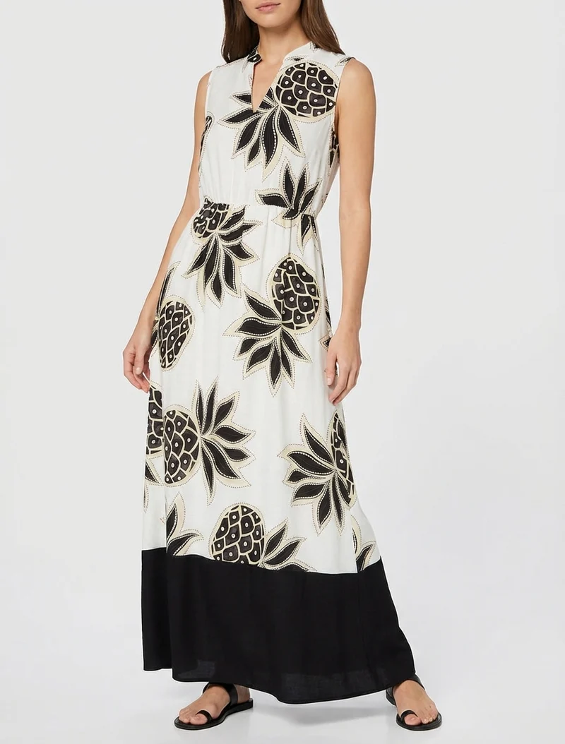 Robe longue évasée imprimé ananas - Noir