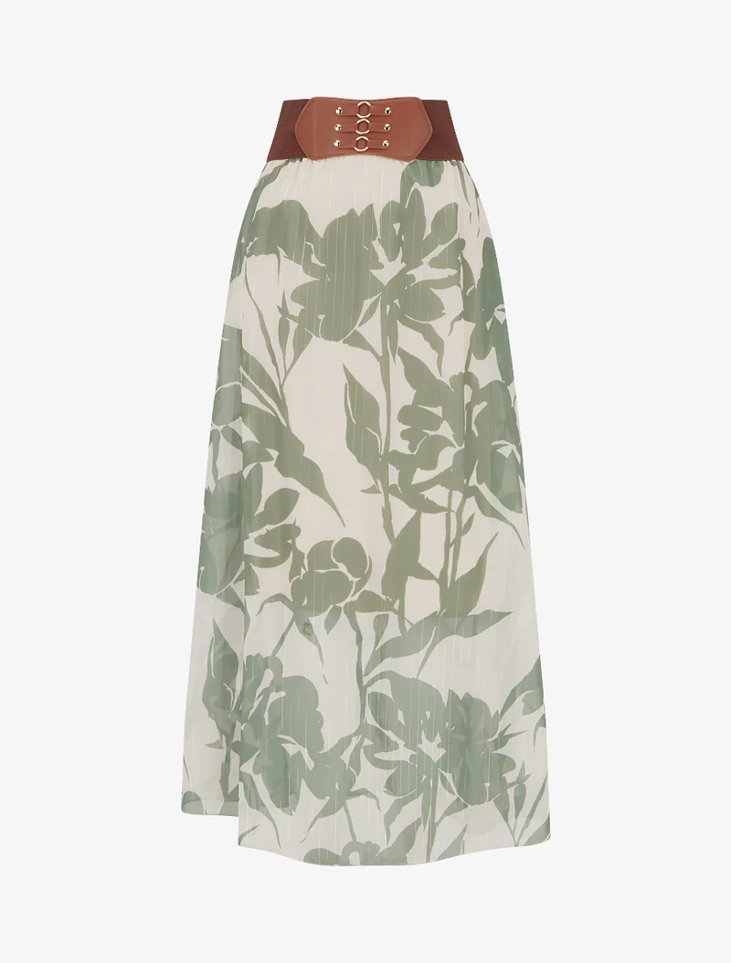 Jupe longue imprimé floral à rayures irisées - Kaki
