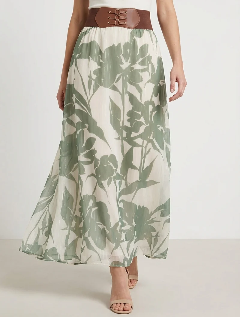 Jupe longue imprimé floral à rayures irisées - Kaki