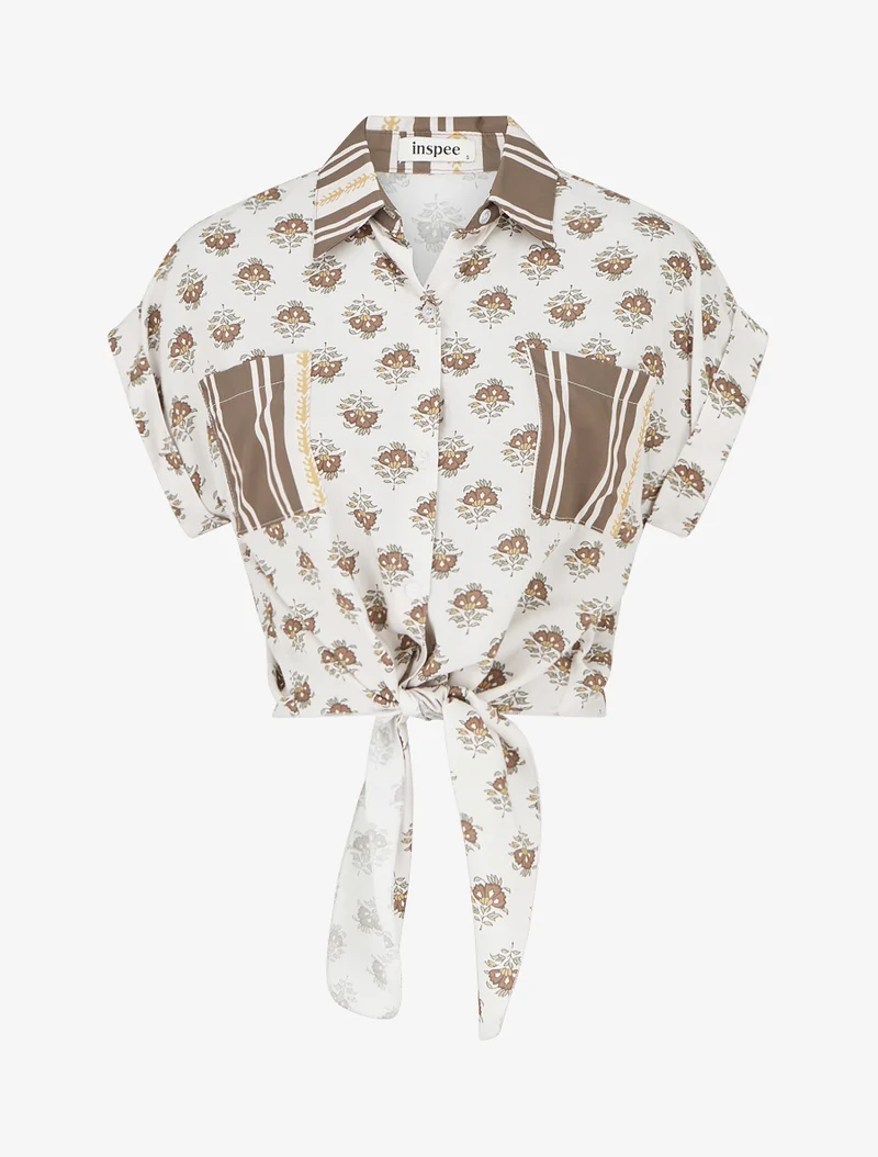 Chemise courte à nouer imprimé floral - Marron