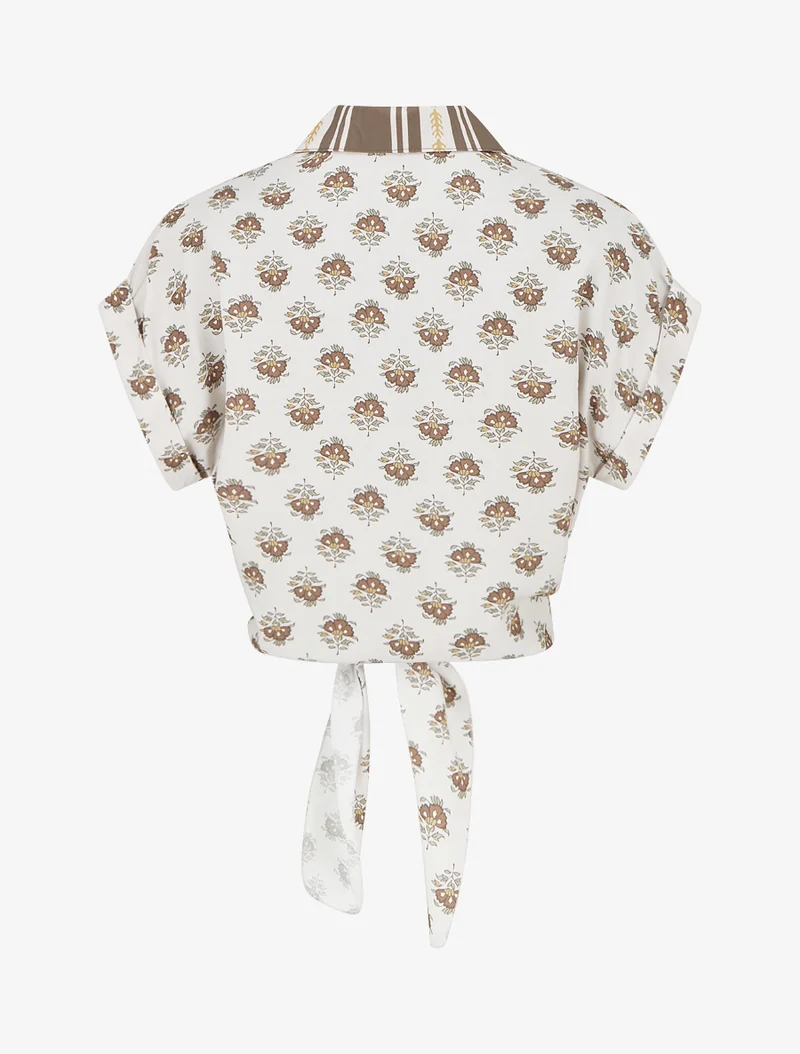 Chemise courte à nouer imprimé floral - Marron