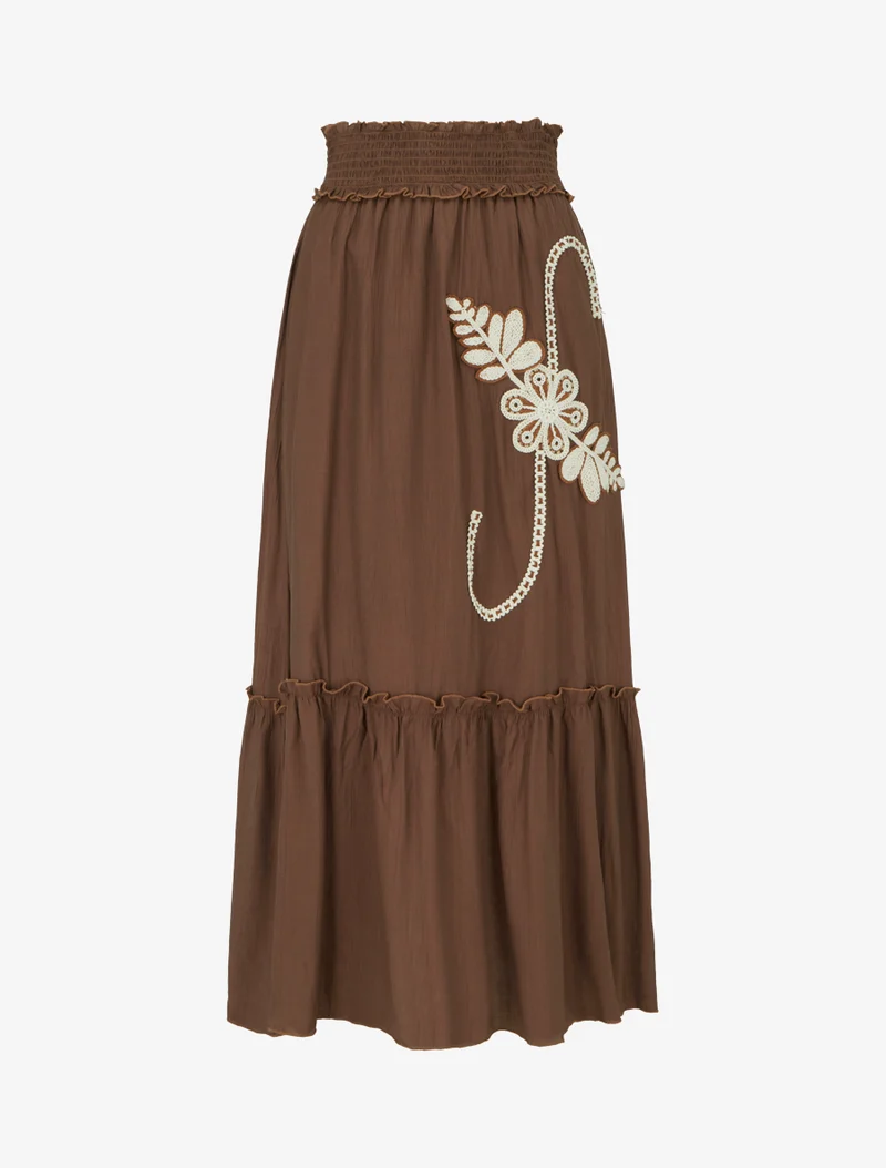 Jupe longue évasée à motif floral brodé - Marron