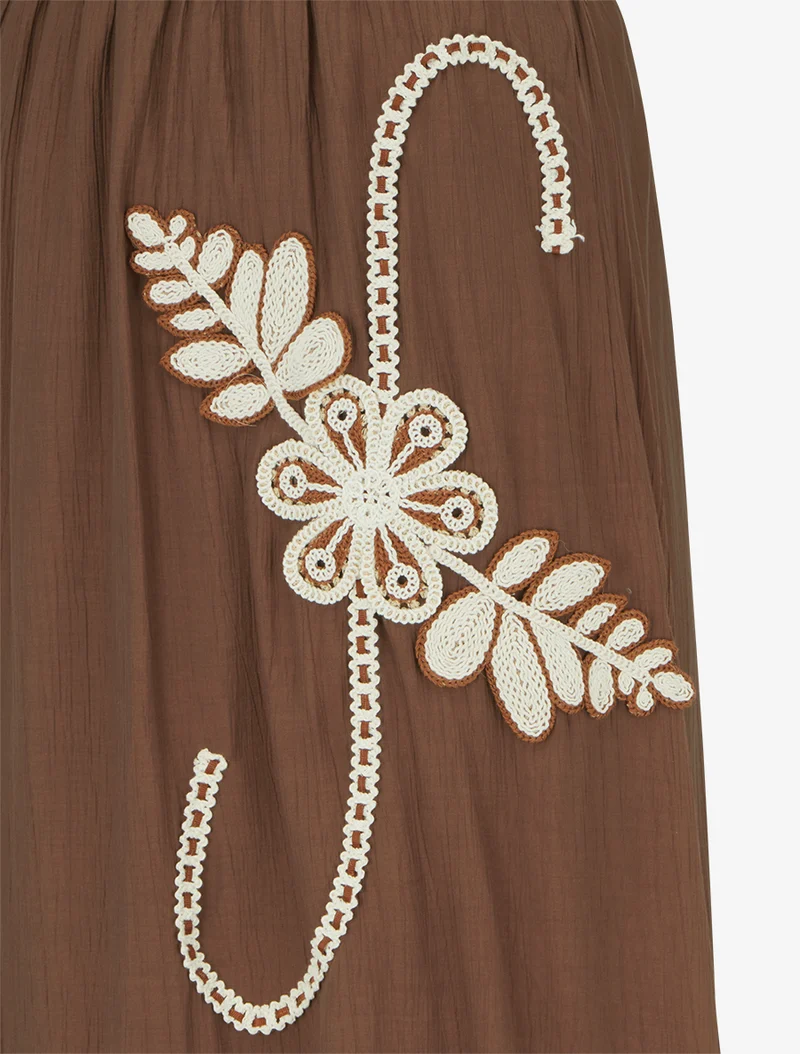 Jupe longue évasée à motif floral brodé - Marron