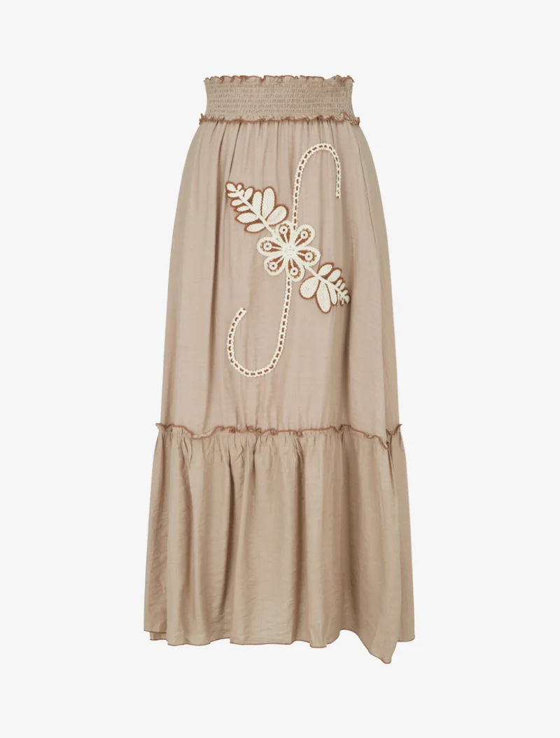 Jupe longue évasée à motif floral brodé - Taupe