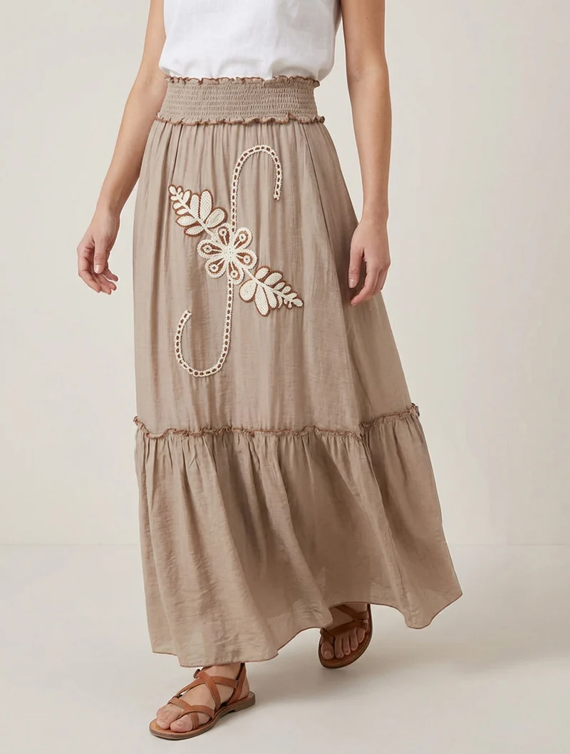 Jupe longue évasée à motif floral brodé - Taupe