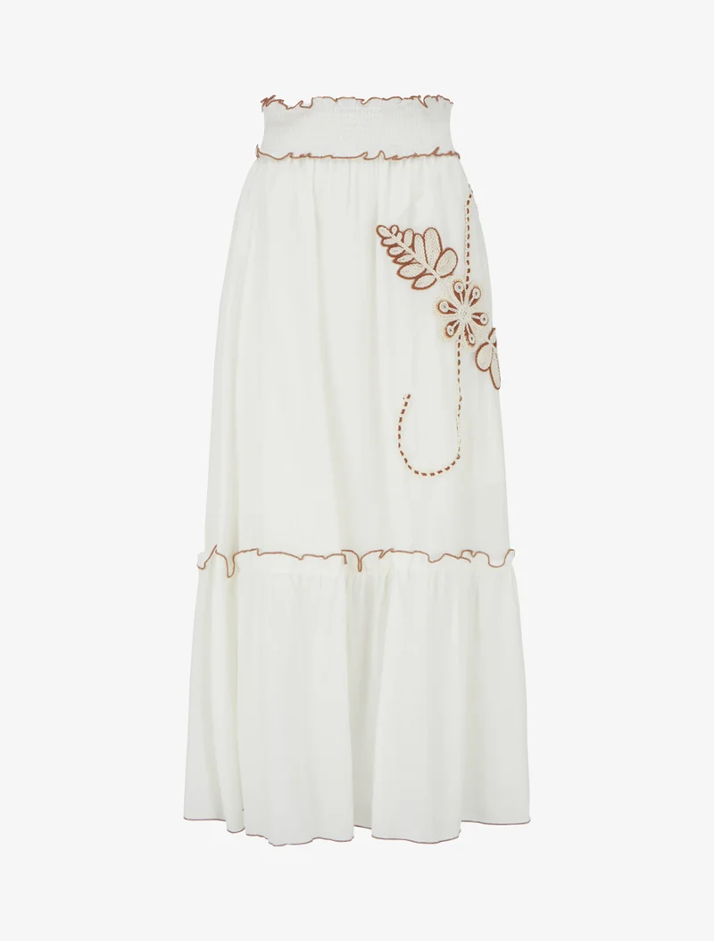 Jupe longue évasée à motif floral brodé - Blanc