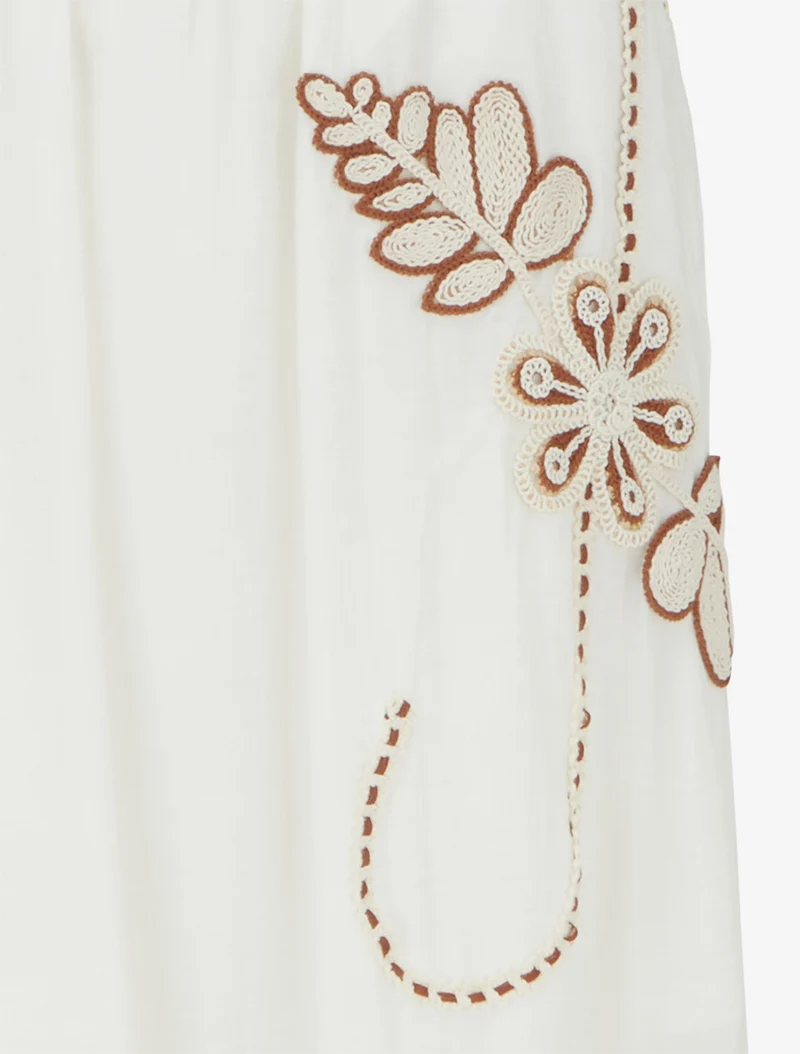 Jupe longue évasée à motif floral brodé - Blanc