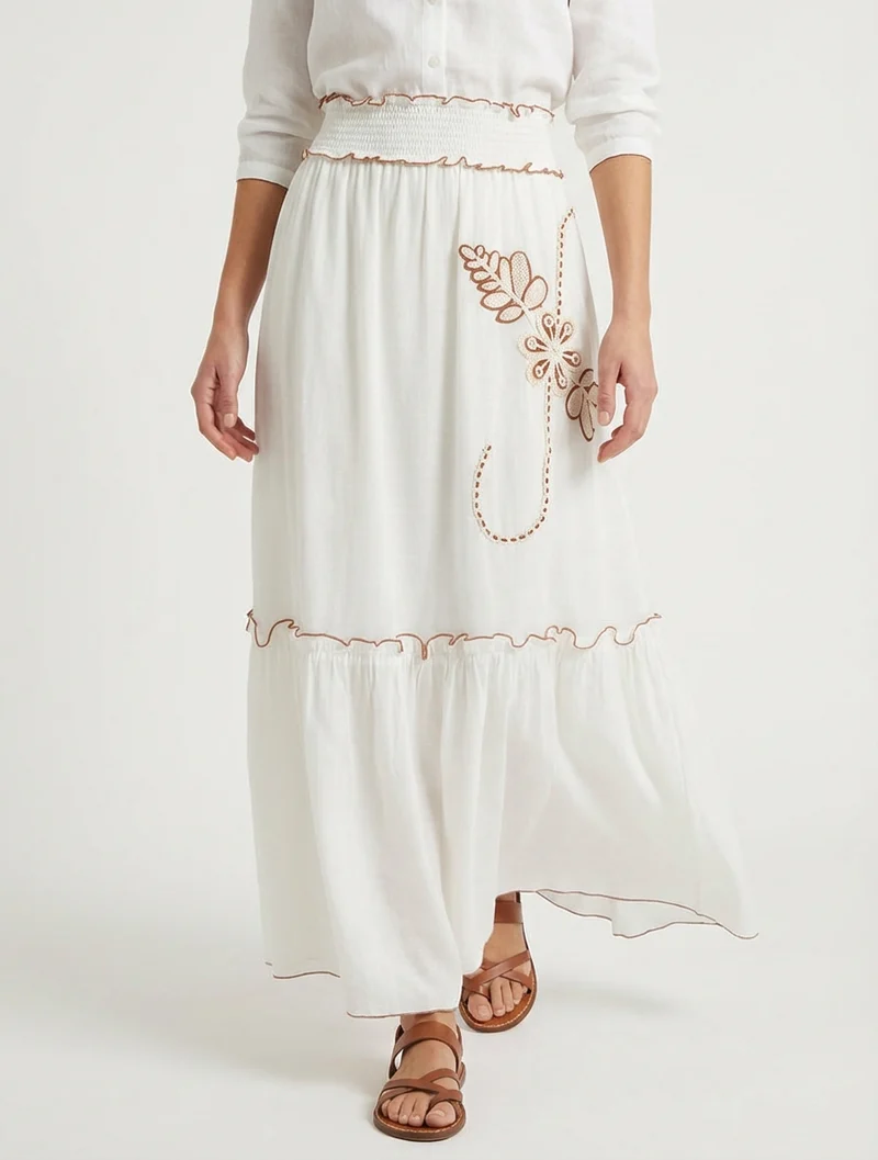 Jupe longue évasée à motif floral brodé - Blanc