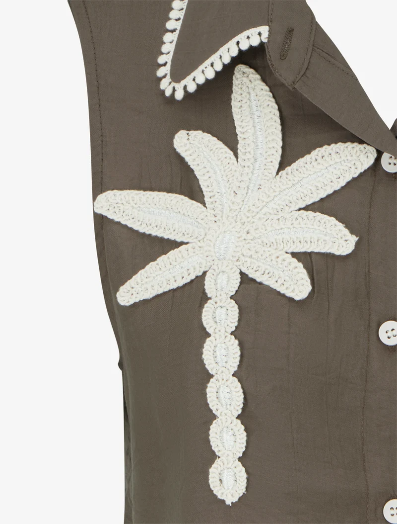 Chemise sans manches à broderie palmier - Marron