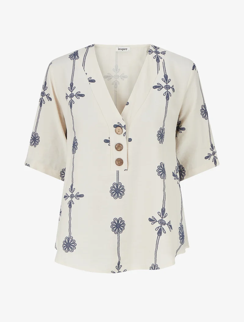 Top ample à manches courtes imprimé floral - Beige