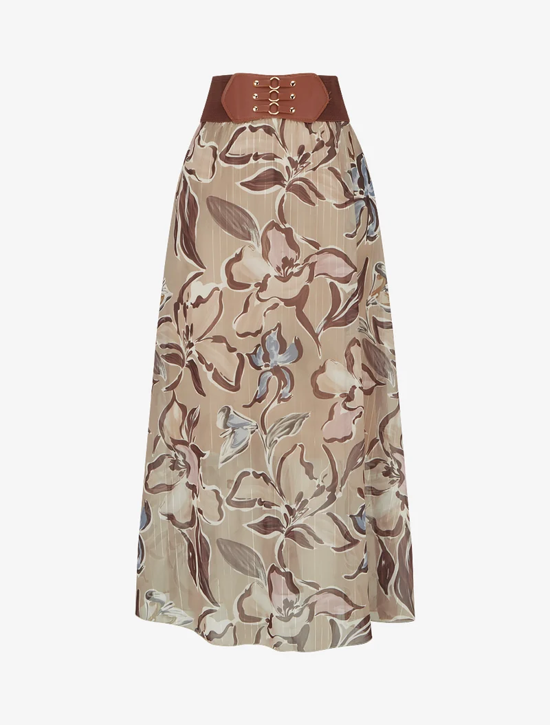 Jupe longue imprimé fleuri à rayures irisées - Beige