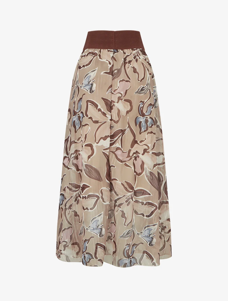 Jupe longue imprimé fleuri à rayures irisées - Beige