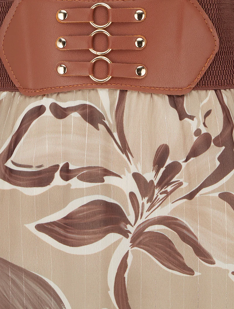 Jupe longue imprimé fleuri à rayures irisées - Beige