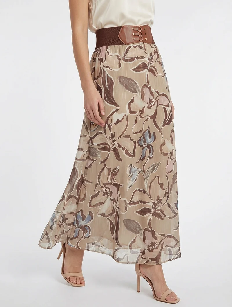 Jupe longue imprimé fleuri à rayures irisées - Beige