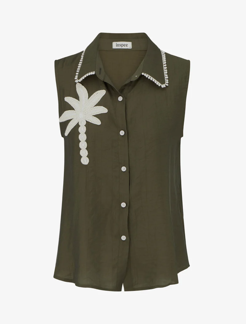 Chemise sans manches à broderie palmier - Kaki
