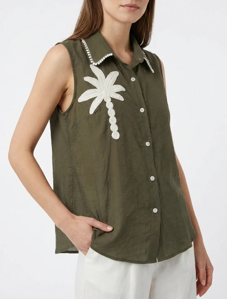 Chemise sans manches à broderie palmier - Kaki