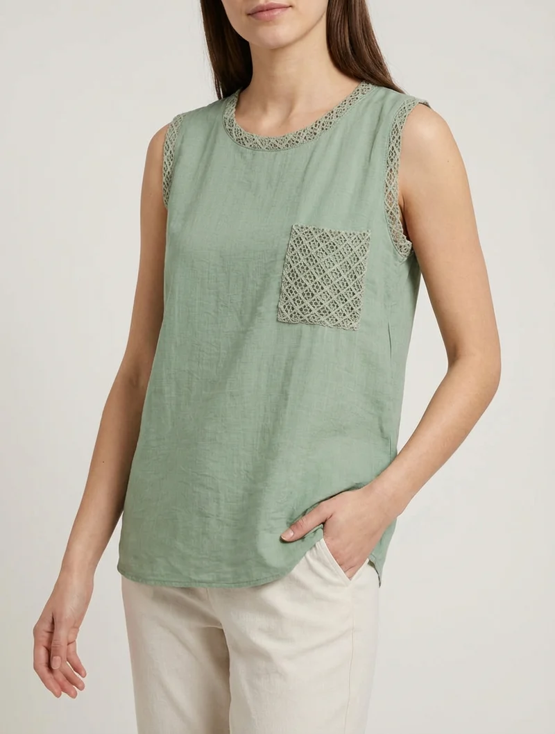 Top sans manches droit à poche en crochet - Kaki clair