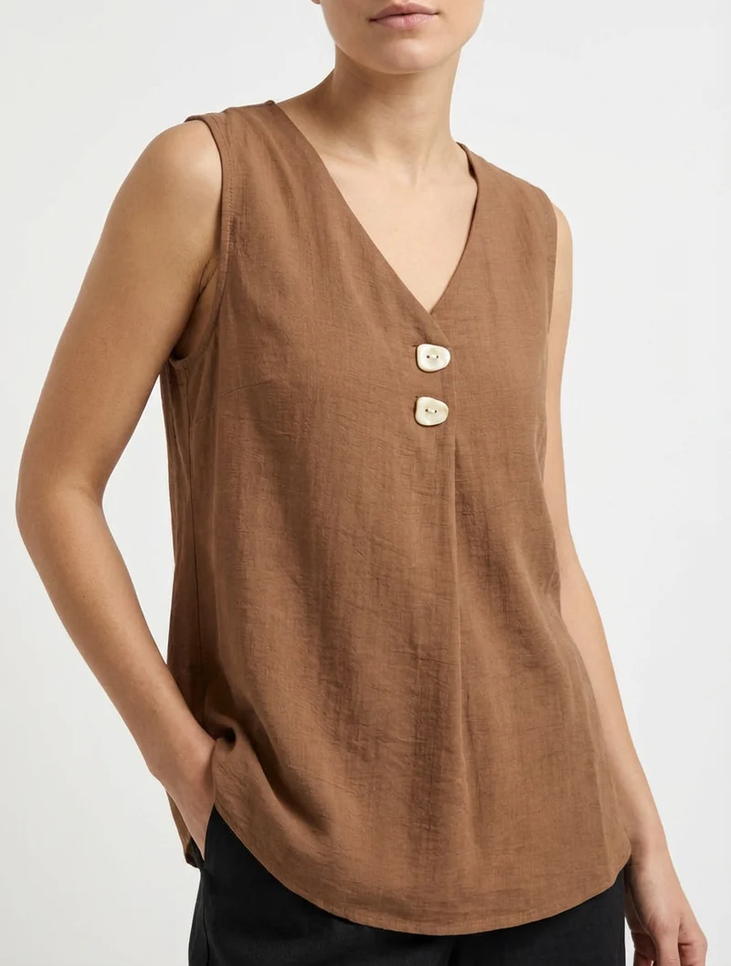 Top sans manches à col V boutonné - Marron