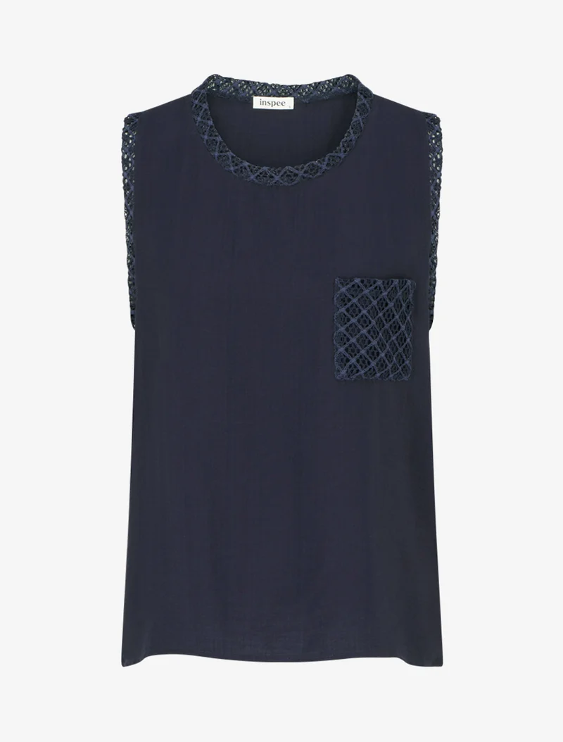 Top sans manches droit à poche en crochet - Marine