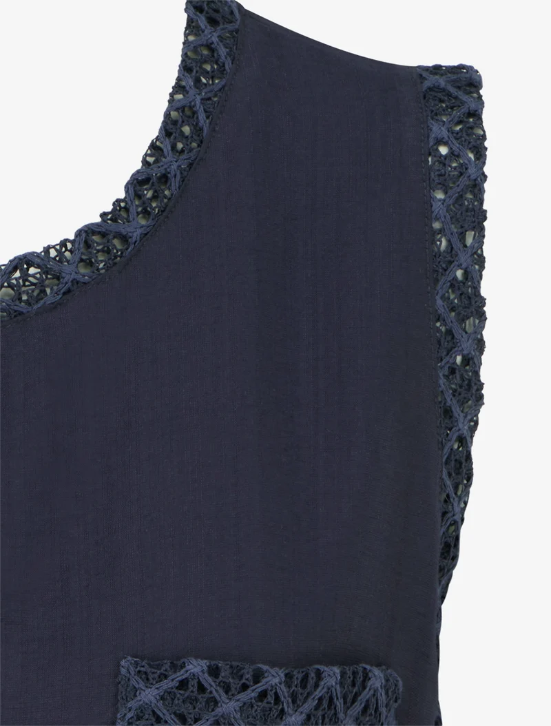 Top sans manches droit à poche en crochet - Marine