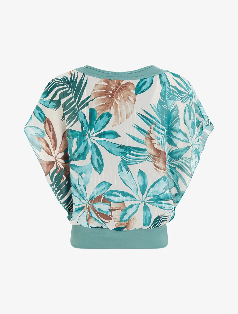 Top boule manches courtes imprimé tropical - Turquoise