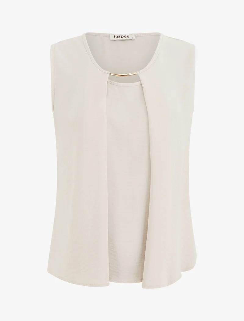 Top droit uni à col rond bijou - Beige