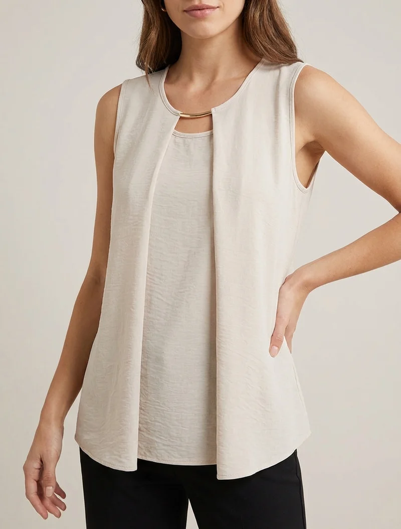 Top droit uni à col rond bijou - Beige