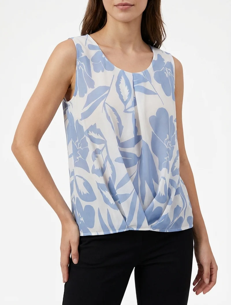 Top en voile imprimé floral - Bleu ciel
