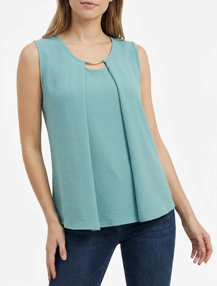 Top droit uni à col rond bijou - Turquoise