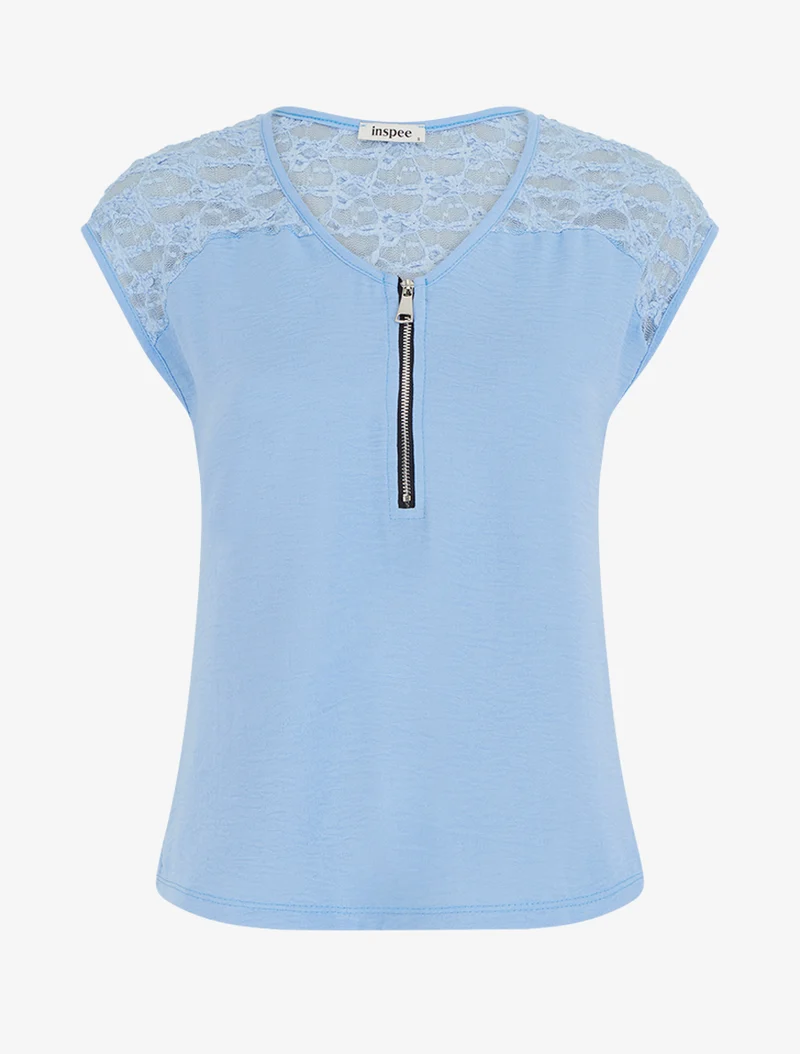 Top droit à zip et dentelle - Bleu ciel
