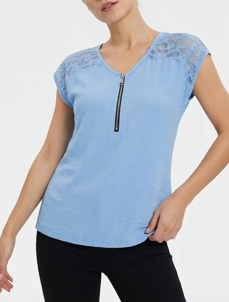 Top droit à zip et dentelle - Bleu ciel