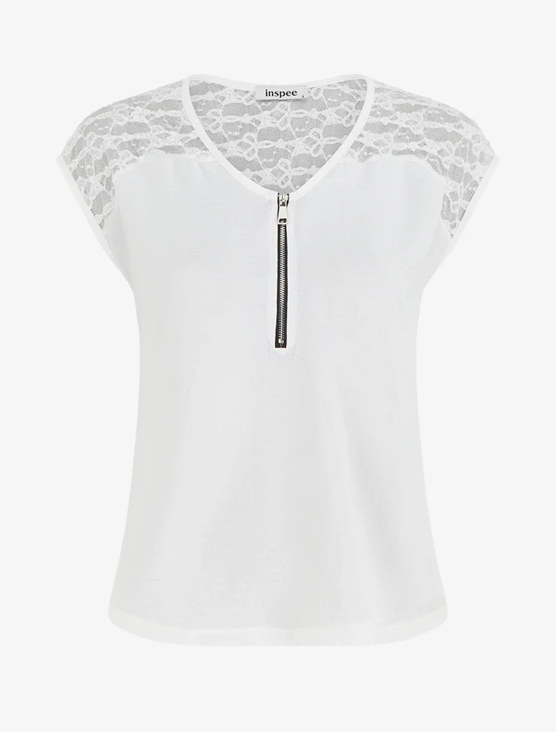 Top droit à zip et dentelle - Blanc