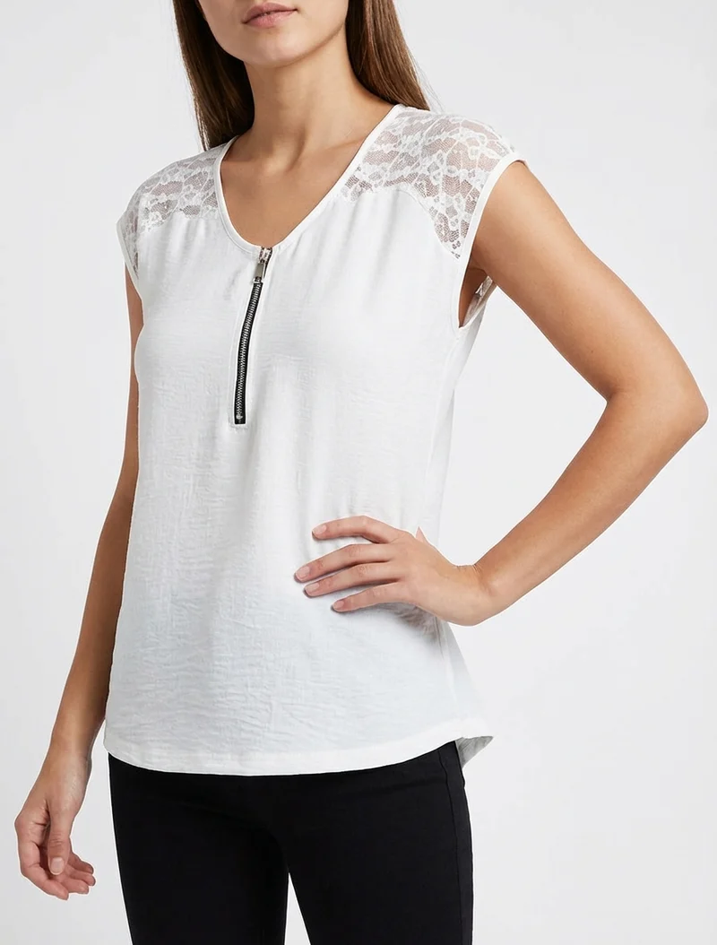 Top droit à zip et dentelle - Blanc