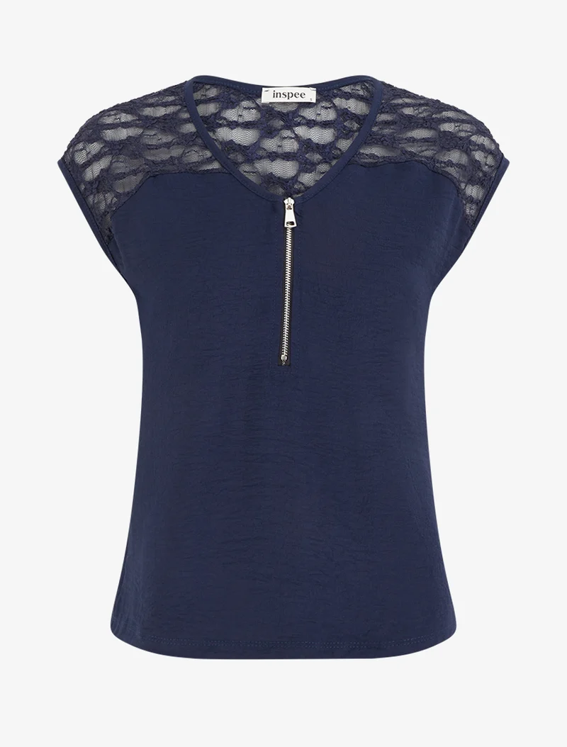 Top droit à zip et dentelle - Marine