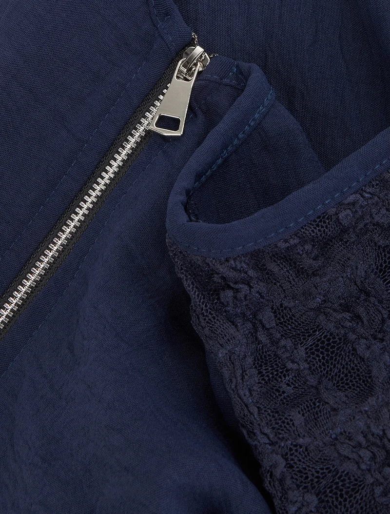 Top droit à zip et dentelle - Marine