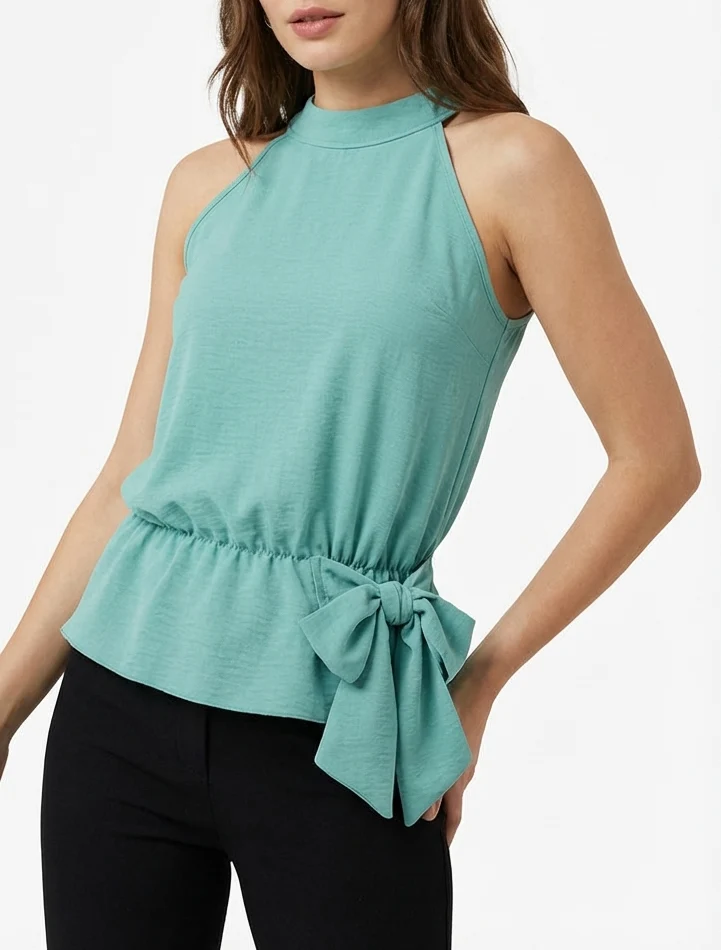 Top à col américain et noeud - Turquoise