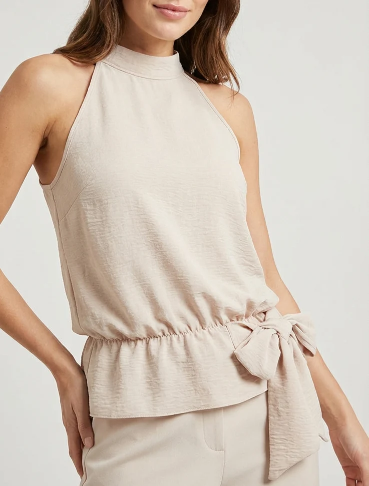Top à col américain et noeud - Beige