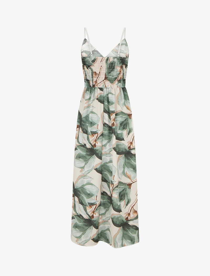 Robe longue à dos élastiqué imprimé fleuri - Kaki