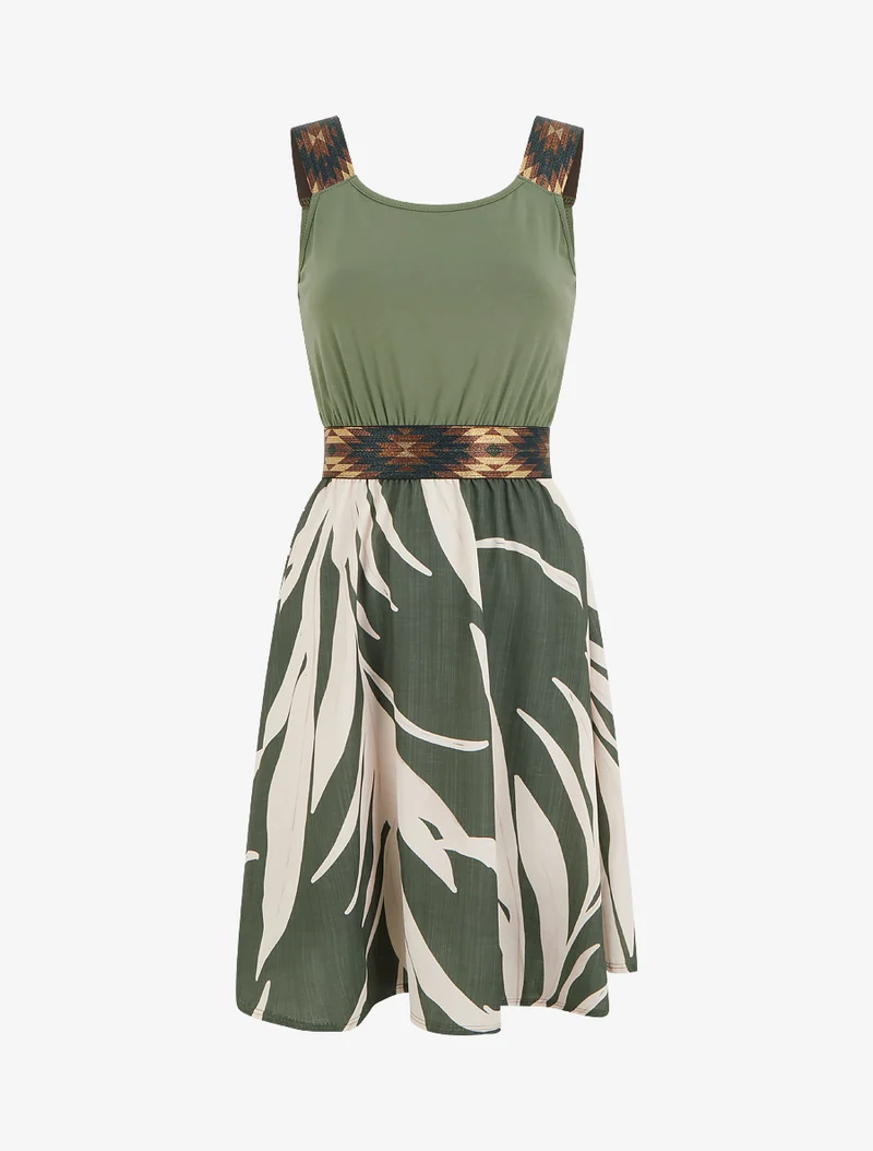 Robe imprimé graphique à taille élastiquée fantaisie - Kaki
